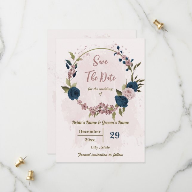 Save The Date mariage botanique rose et bleu marine (Devant/Arrière en situation)