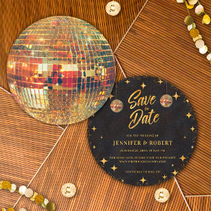 Save The Date Mariage Boule à Facettes Rétro Étoiles Noir Or Pai