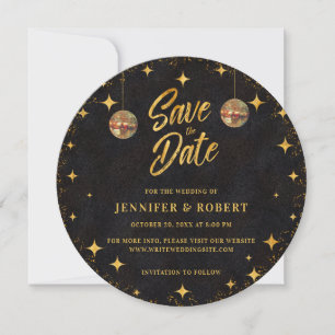 Save The Date Mariage Boule à Facettes Rétro Étoiles Noir Or Pai