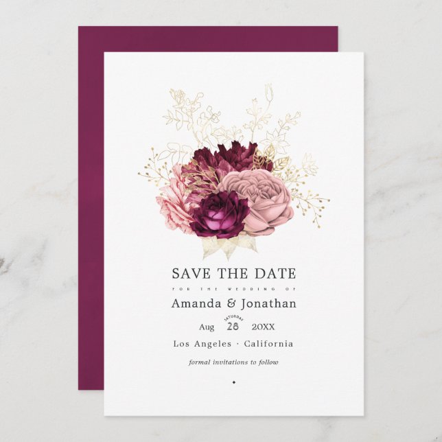 Save The Date Mariage Bourguignon - Marsala Blush Rose et Or (Devant / Derrière)
