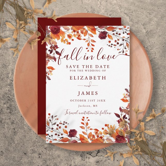 Save The Date Mariage Bourguignon Rustique d'Automne Feuilles d' (Burgundy Rustic Fall Autumnal Leaves Wedding Save The Date)