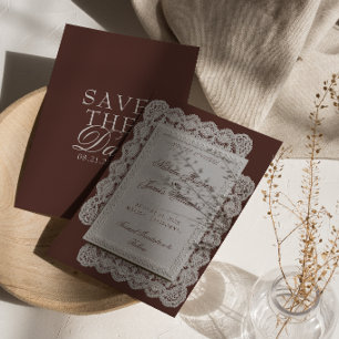 Save The Date Mariage Brun au Chocolat Vintage Broderie Vieille 