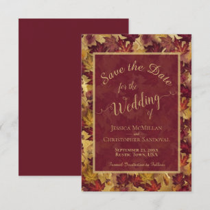 Save The Date Mariage Burgundy et Feuilles Dorées Calligraphie É