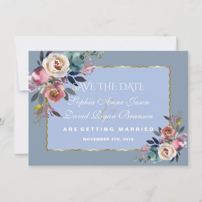 Save The Date Mariage Cadre Rose Gold Poussiéreux Bleu Brumeux C (Devant)