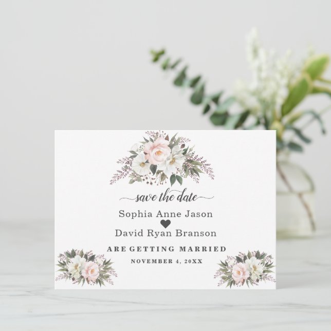 Save The Date Mariage calligraphié fleurs ivoire blush romantiqu (Debout devant)