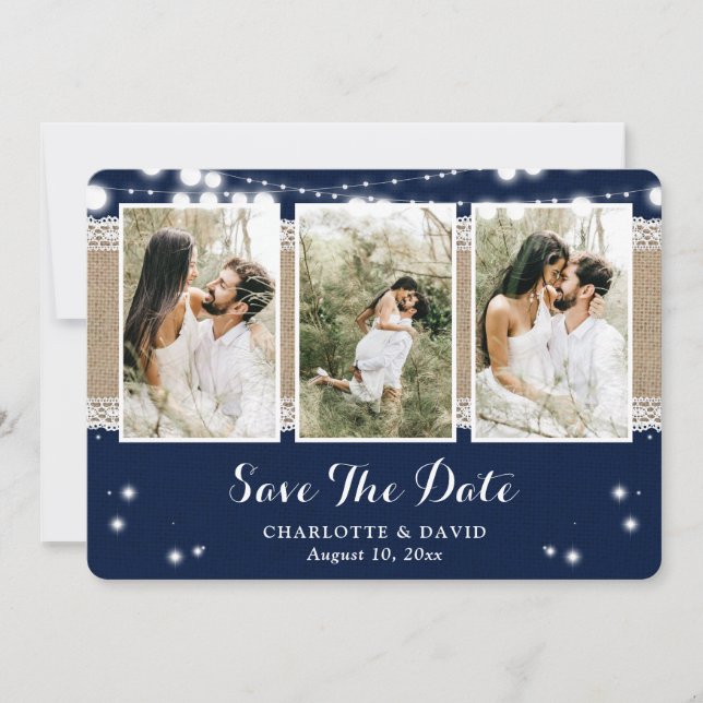 Save The Date Mariage campagnard bleu rustique de la marine Phot (Devant)