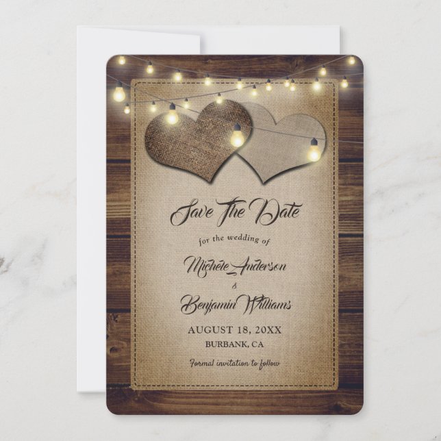 Save The Date Mariage campagnard de luminaires à cordes de Burla (Devant)
