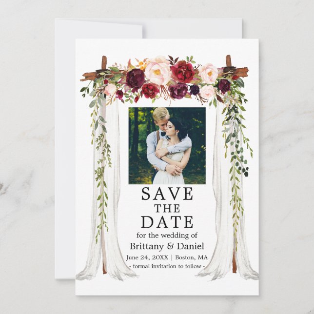 Save The Date Mariage Canopy Aquarelle Bourgogne Photo Florale (Devant)