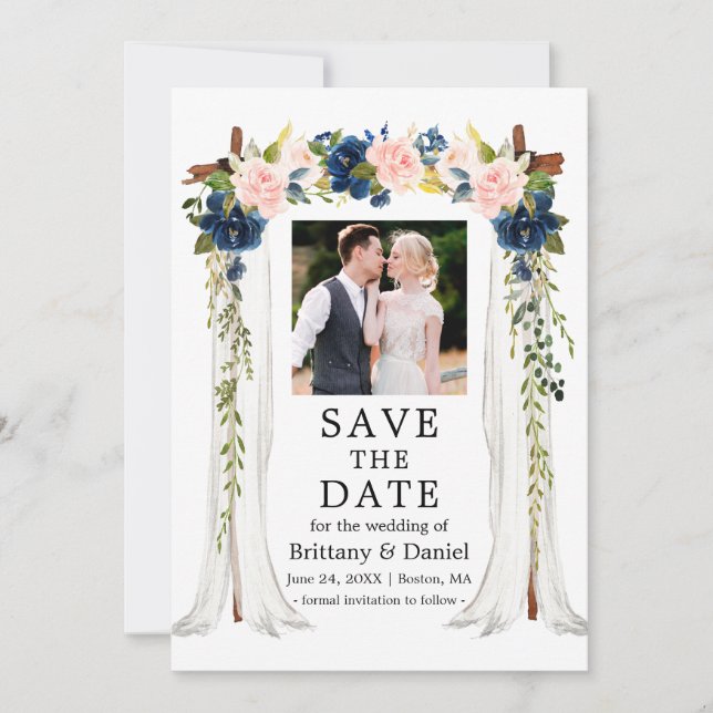 Save The Date Mariage Canopy Aquarelle rose bleu bleu floral pho (Devant)