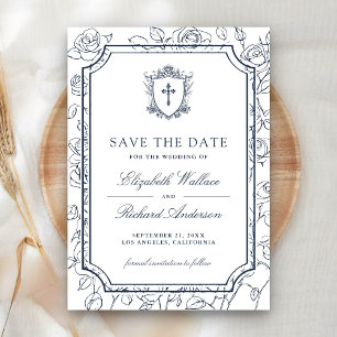 Save The Date Mariage Catholique Blanc et Bleu Marine Victorien