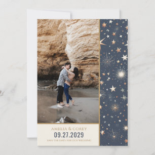 Save The Date Mariage céleste bleu et or