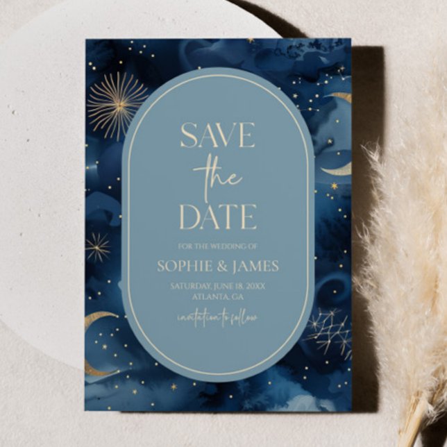 Save The Date Mariage Céleste Bleu Or Ciel Étoilé Élégant (Créateur téléchargé)