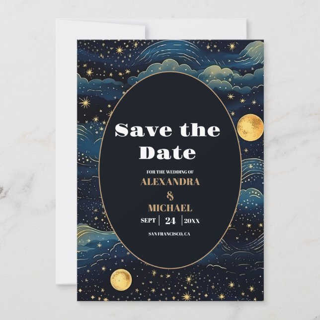 Save The Date Mariage céleste de minuit bleu étoiles de lune (Devant)