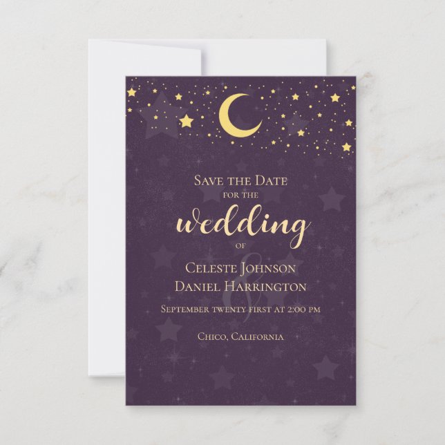 Save The Date Mariage céleste Étoiles violettes profondes Lune (Devant)