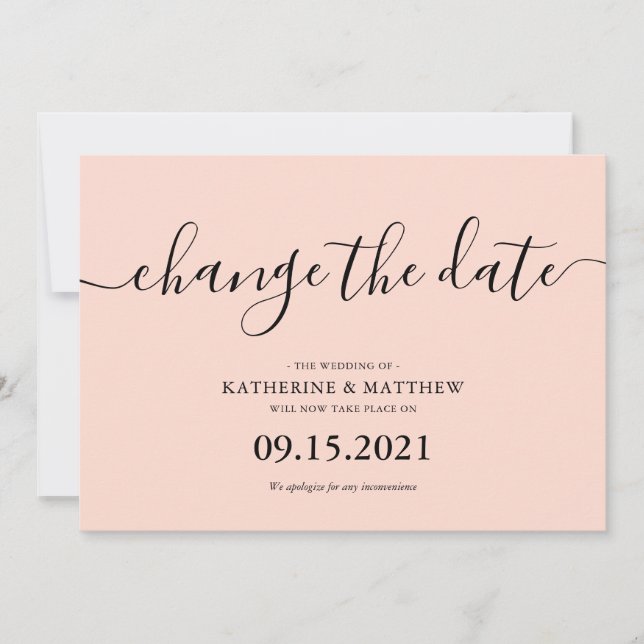 Save The Date Mariage Changement de Date Typographie Rose Tendre (Devant)