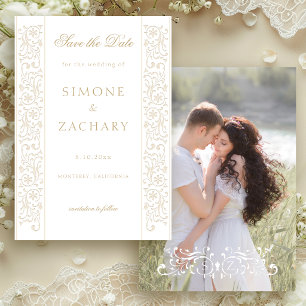 Save The Date Mariage Chic Formel Bordure Ecru à Rinceaux