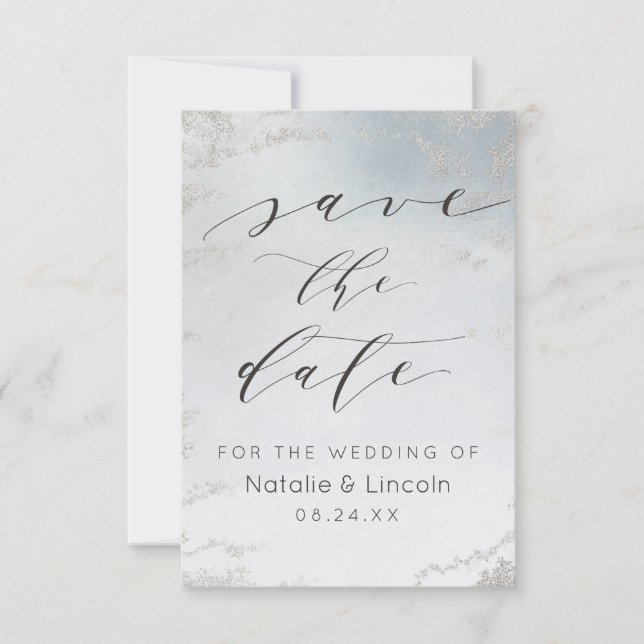 Save The Date Mariage chic Ombre Dusty Blue Frosted Silver Foil (Devant)