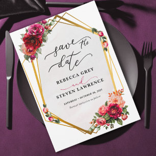 Save The Date Mariage chic rouge rose floral et or faux