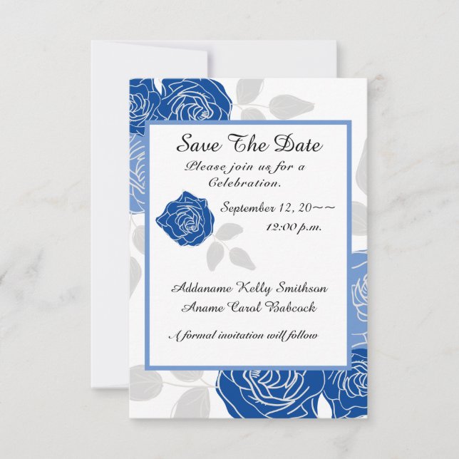 Save The Date Mariage Chic Simple Rose Florale Bleue (Devant)