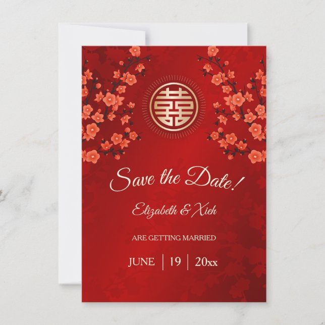 Save The Date Mariage chinois double bonheur cerise fleurs (Devant)