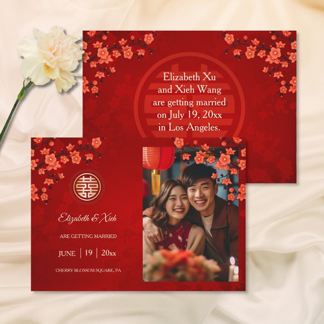 Save The Date Mariage chinois double bonheur cerise fleurs (Créateur téléchargé)