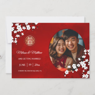Save The Date Mariage chinois double bonheur cerise fleurs