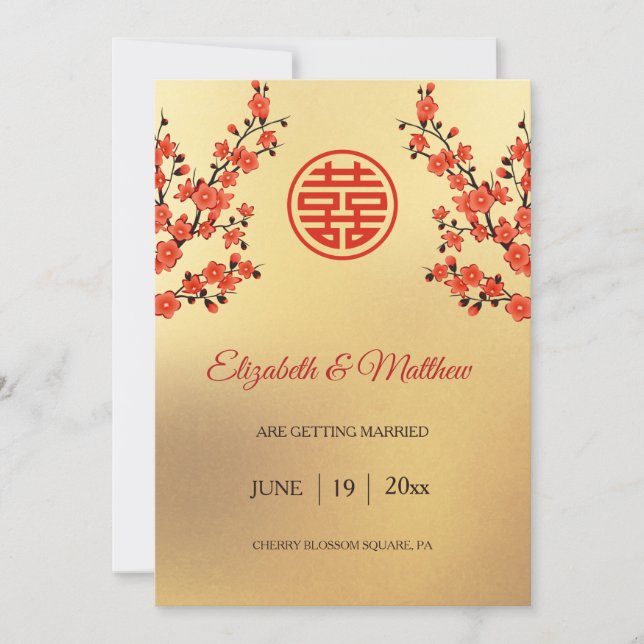 Save The Date Mariage chinois double bonheur cerise fleurs (Devant)