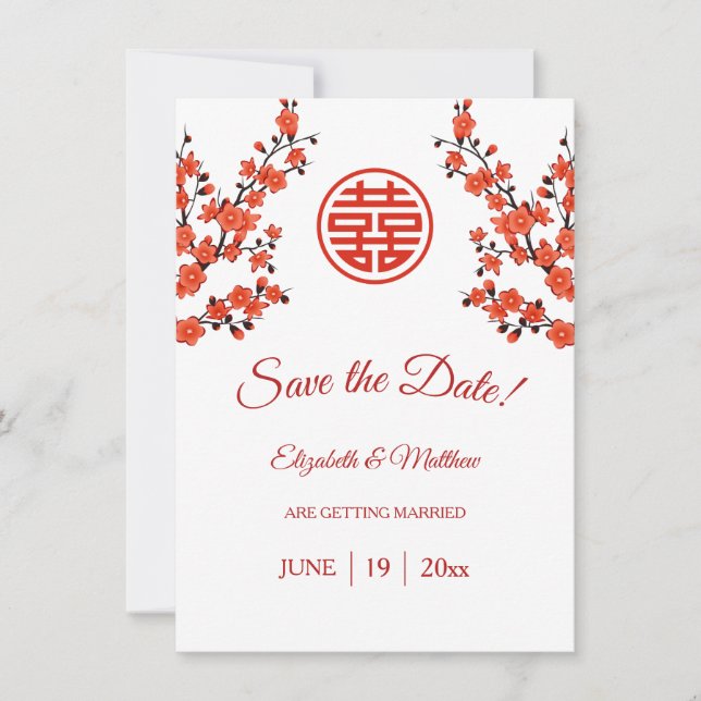 Save The Date Mariage chinois double bonheur cerise fleurs (Devant)