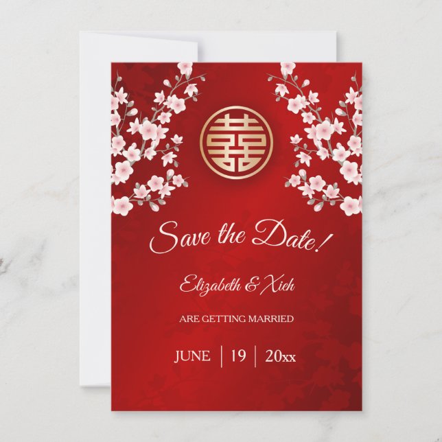 Save The Date Mariage chinois double bonheur cerise fleurs (Devant)