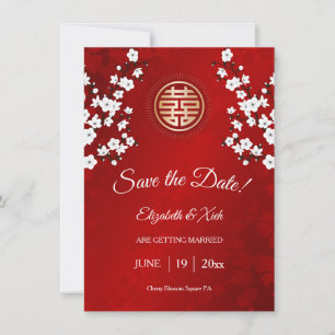 Save The Date Mariage chinois double bonheur cerise fleurs