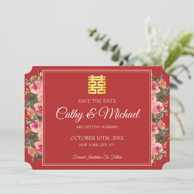 Save The Date Mariage chinois moderne rose poitrine rose (Debout devant)