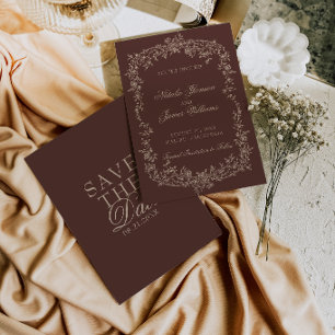 Save The Date Mariage Chocolat Brun Botanique Ancien Argent Mari