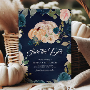 Save The Date Mariage Citrouille floral de pêche bleu foncé Mari
