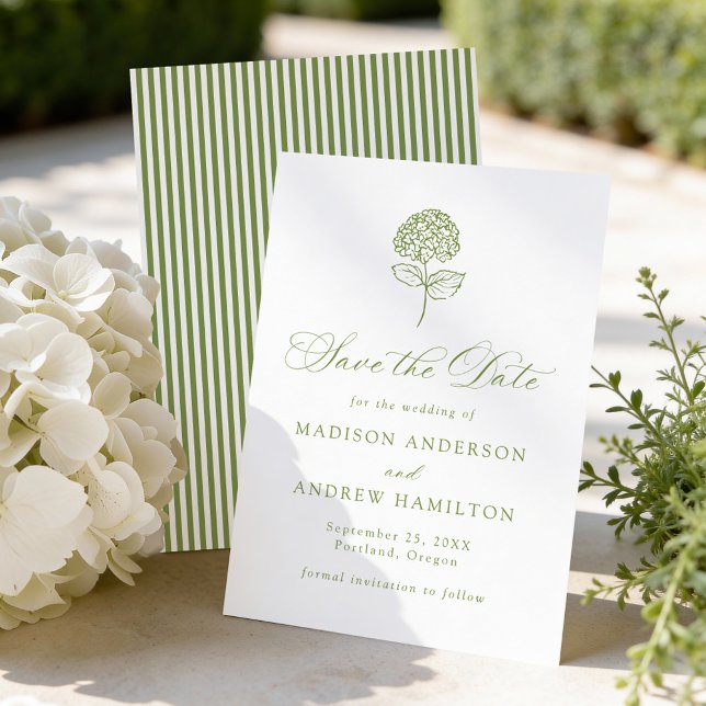Save The Date Mariage Classique aux Hydrangeas Vert Olive (Créateur téléchargé)