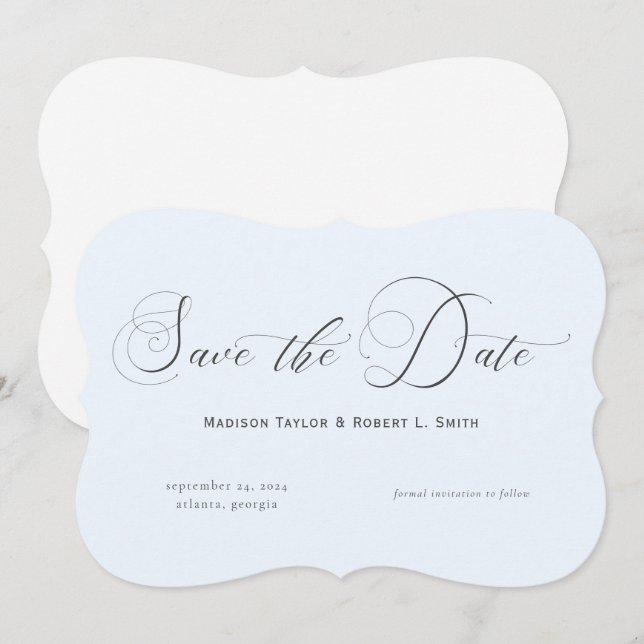 Save The Date Mariage classique de calligraphie bleue claire (Devant / Derrière)