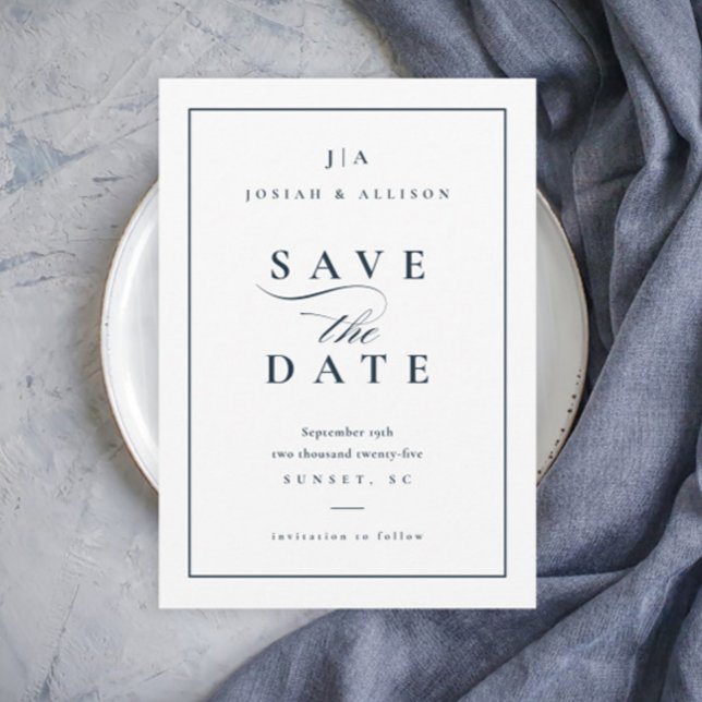 Save The Date Mariage Classique Monogramme Non Photo Bleu Marine (Elegant Simple Typography Navy Blue Wedding Save the Date.)