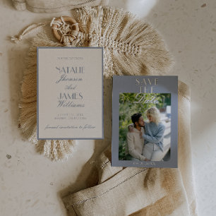Save The Date Mariage Classique Photo Rétro Poussiéreux Bleu Vie