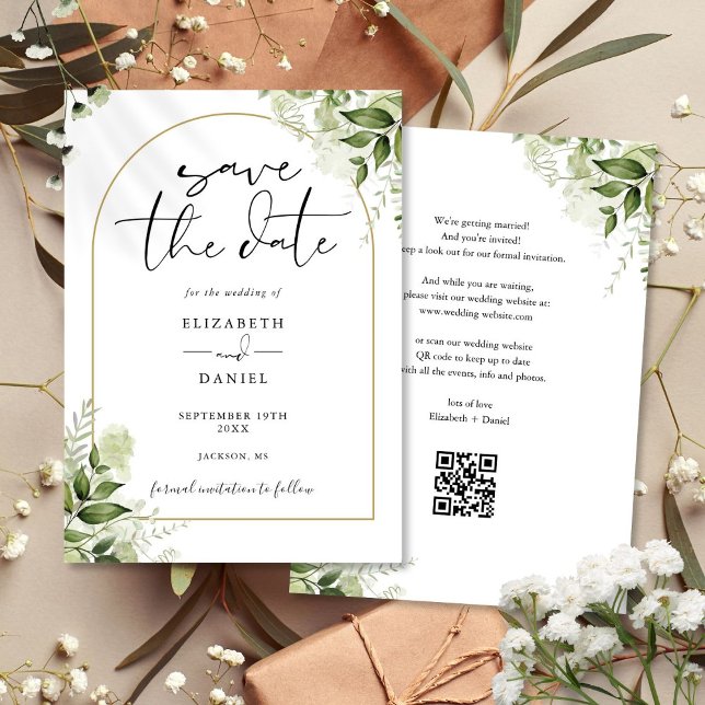Save The Date Mariage Code QR Arche Dorée de Verdure Rustique (Rustic Greenery Gold Arch QR Code Wedding Save The Date)