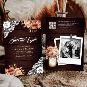 Save The Date Mariage Code QR Bois Floral Terracotta
