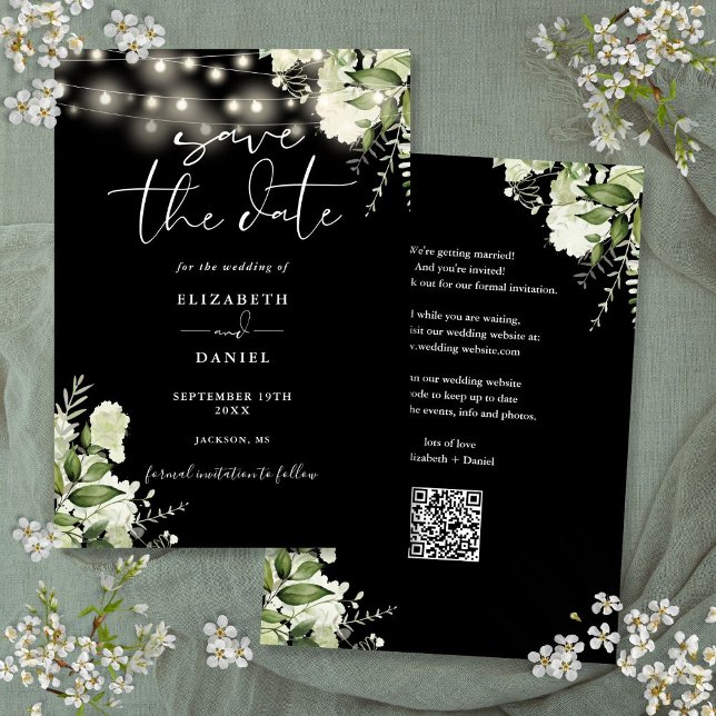 Save The Date Mariage Code QR Lumières Florales Noir Et Blanc (Black And White Floral Lights QR Code Wedding Save The Date)