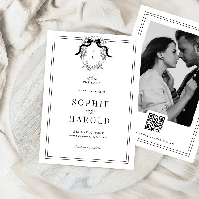 Save The Date Mariage Code QR Monogramme à Ruban Coquette Crête  (Créateur téléchargé)