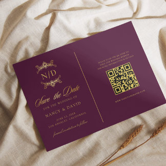 Save The Date Mariage Code QR Monogramme Bourgogne Et Or