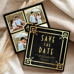 Save The Date Mariage Collage Photo Art Déco Or Noir