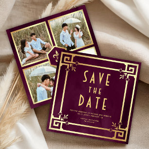Save The Date Mariage Collage Photo Art Déco Or Violet Prune