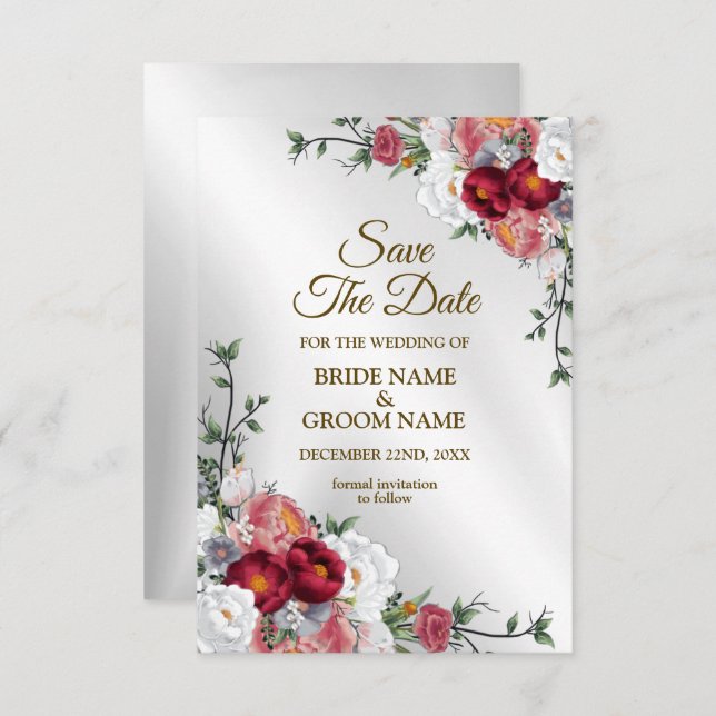 Save The Date Mariage Colorful Rouge Blanc Floral Argent élégant (Devant / Derrière)