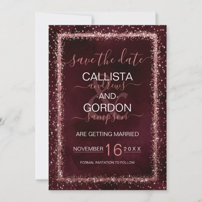 Save The Date Mariage Confetti Rose Bourgogne doré (Devant)