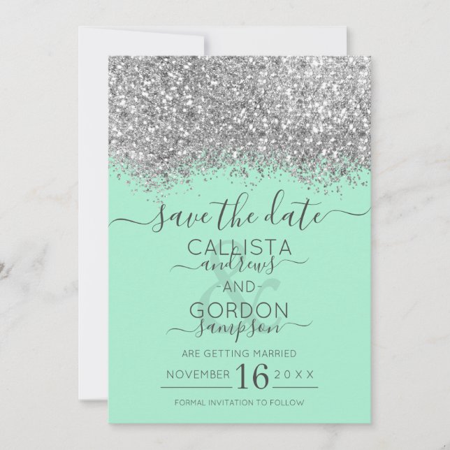 Save The Date Mariage Confettis Pailletés Luxe Argent Neo Menthe (Devant)