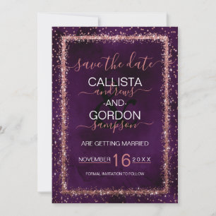 Save The Date Mariage Confettis Pailletés Violet Rose Or