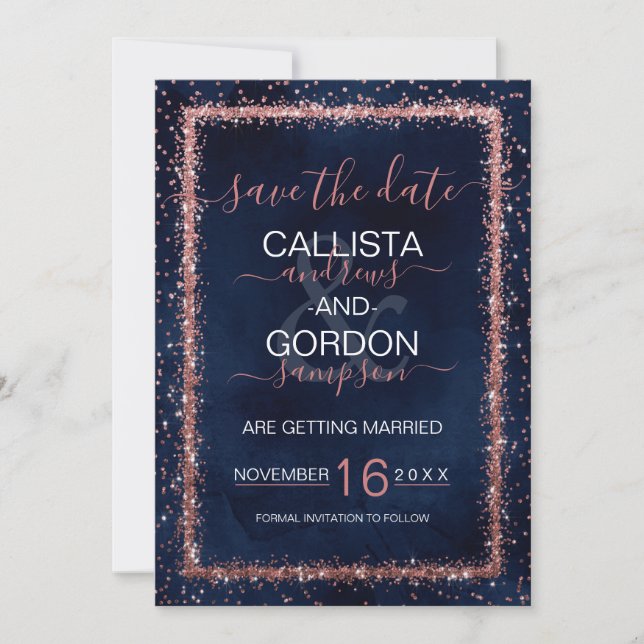 Save The Date Mariage Confettis Saupoudrés Rose Gold Bleu Marine (Devant)