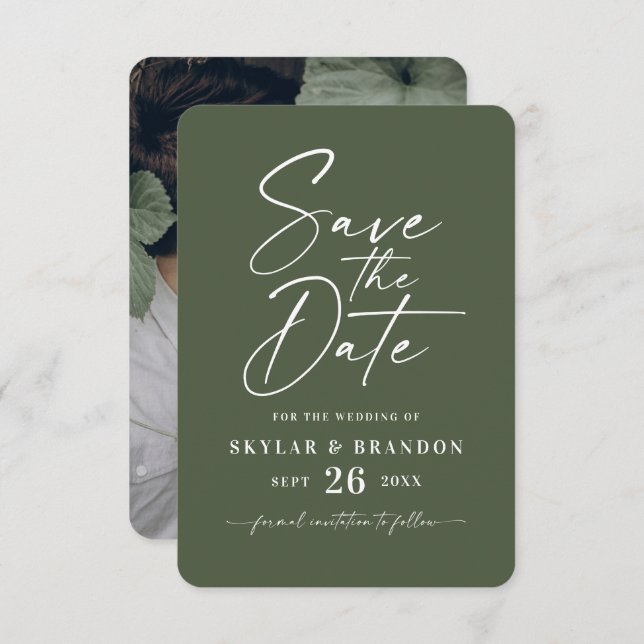 Save The Date Mariage couleur vert foncé minimal monostère solid (Devant / Derrière)